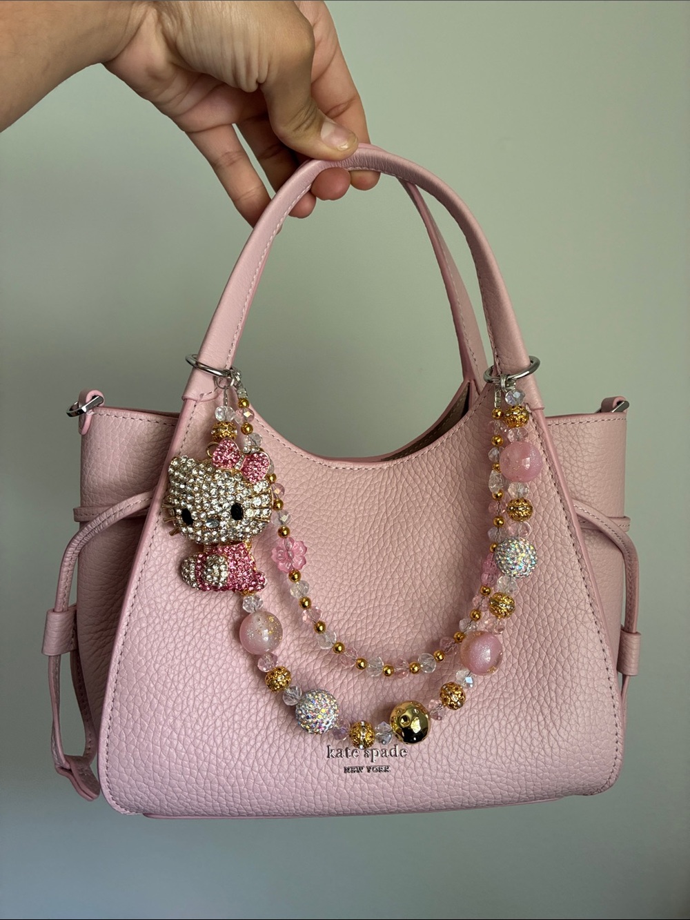 Hello Kitty Pink & Gold Crystal Beaded Charm Bag Chain
